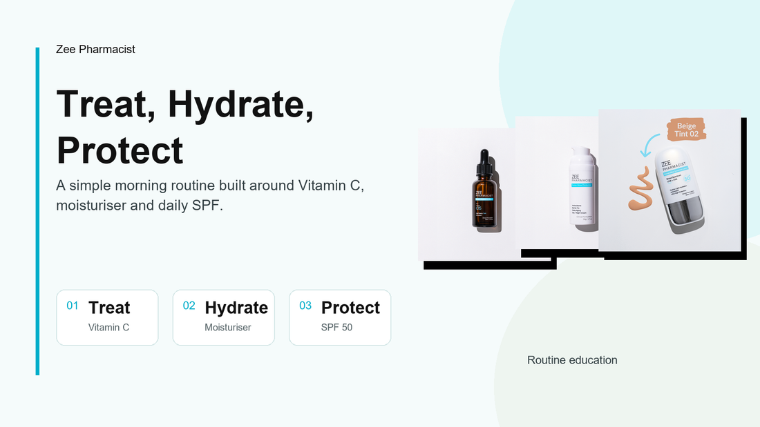 Zee Pharmacist morning routine graphic showing Treat, Hydrate and Protect with Vitamin C serum, moisturiser and SPF.